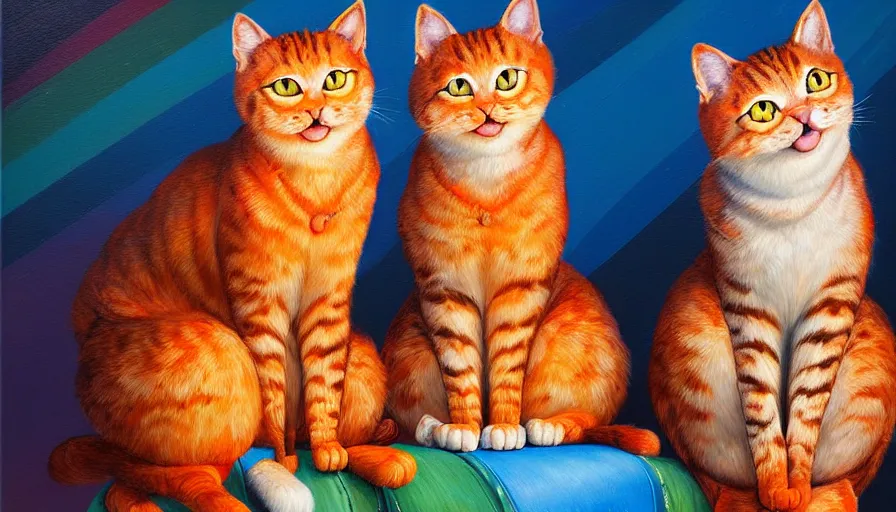 Image similar to highly detailed contemporary acrylic painting of really tall sitting cats by justin gerard, thick brush strokes and visible paint layers, vivid multicolor scheme