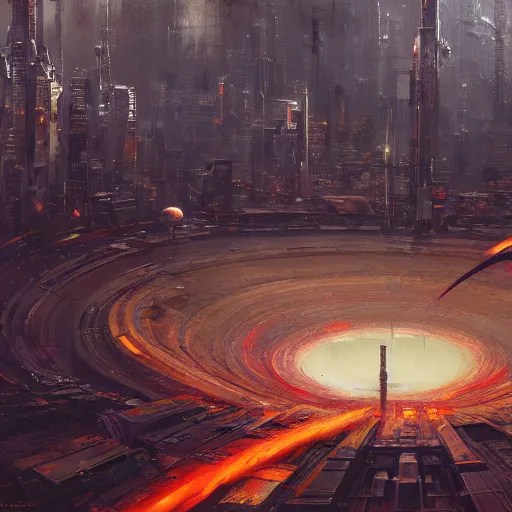 Image similar to wide shot of black hole within a city, esao andrews, m. w. kaluta, john berkey, hyperrealistic, cold colors, day scenery, 3 d octane render, 4 k, conceptart, hyperdetailed, hyperrealistic, trending on artstation