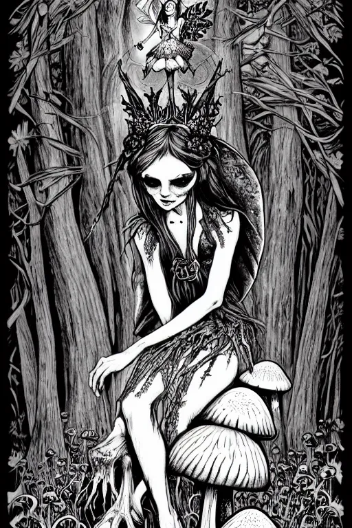 Image similar to a gothic fairy sitting on a toadstool in a forest, skulls and mushrooms, fantasy graphic novel style, by wendy pini, intricate, very fine inking lines, extremely detailed, 4k, hd