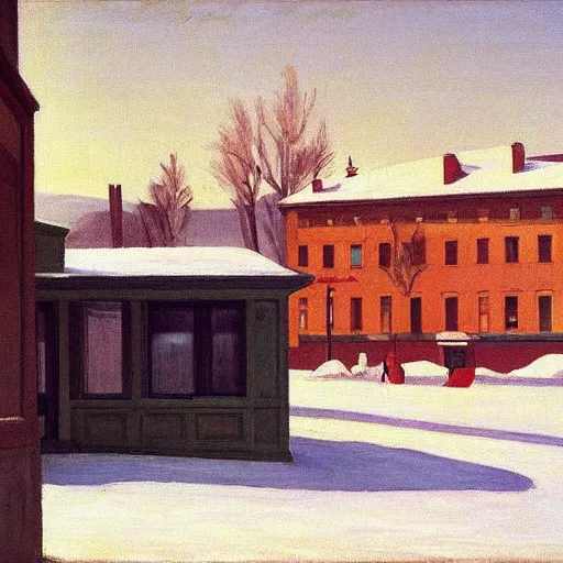 Prompt: an edward hopper style painting of a ( ( ( ( ( ( ( ( small town csorna ) ) ) ) ) ) ) ) in hungary, winter, january of 1 9 5 5