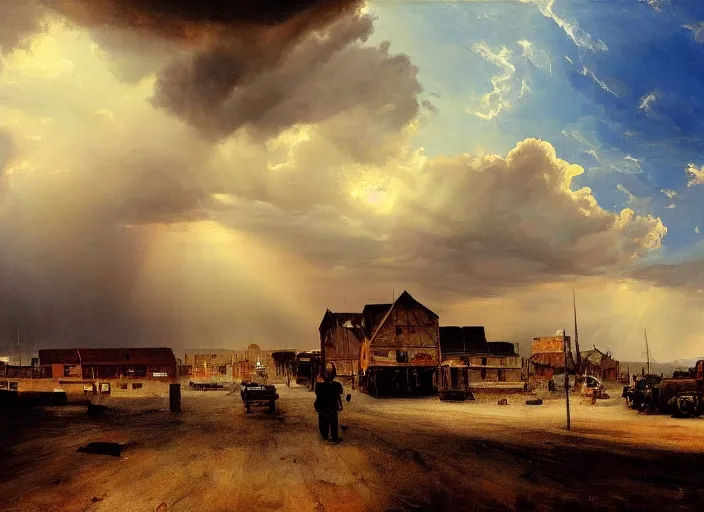 Image similar to oil painting of american old west town, harbour, dramatic storm clouds, dusty street, sunrays, dramatic, very very very beautiful art, cinematic lighting, romanticism by goya, bright pastel color, blue sky