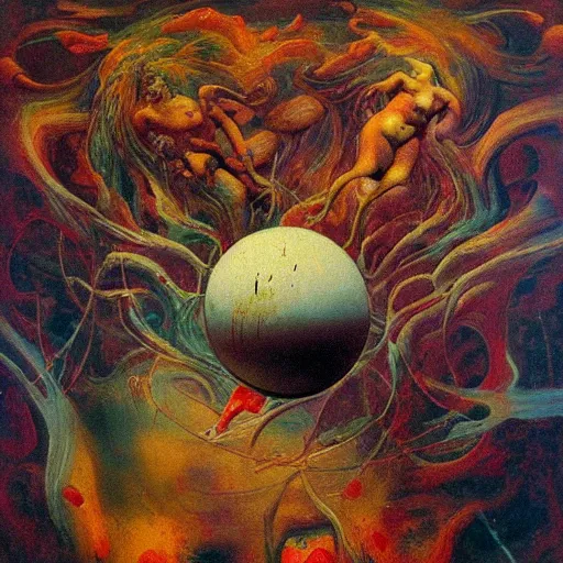 Image similar to a sphere being devoured by abstract splatters of paint in the style of francis bacon, venus being engulfed in flames in the style of james jean, surreal, beksinski, high detailed