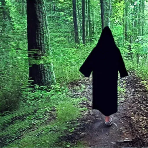 Image similar to bad quality screenshot of a leaked video of a small person dressed with a full body black robe following me through a forest trail, night time, bright camera flash, camera shaking, realistic, ultrarealistic, 4 8 0 p, scary