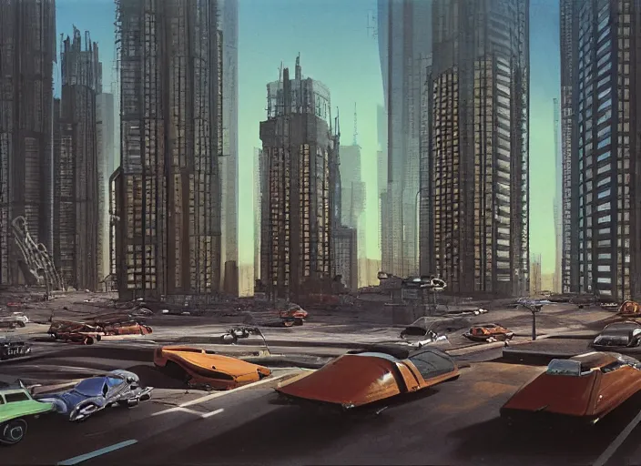 Image similar to 5 cars driving down a street in the city of [[[[[Eindhoven]]]]] next to tall buildings the night at 8:00 am, cyberpunk art by Chesley Bonestell, cgsociety, retrofuturism, matte painting, reimagined by industrial light and magic