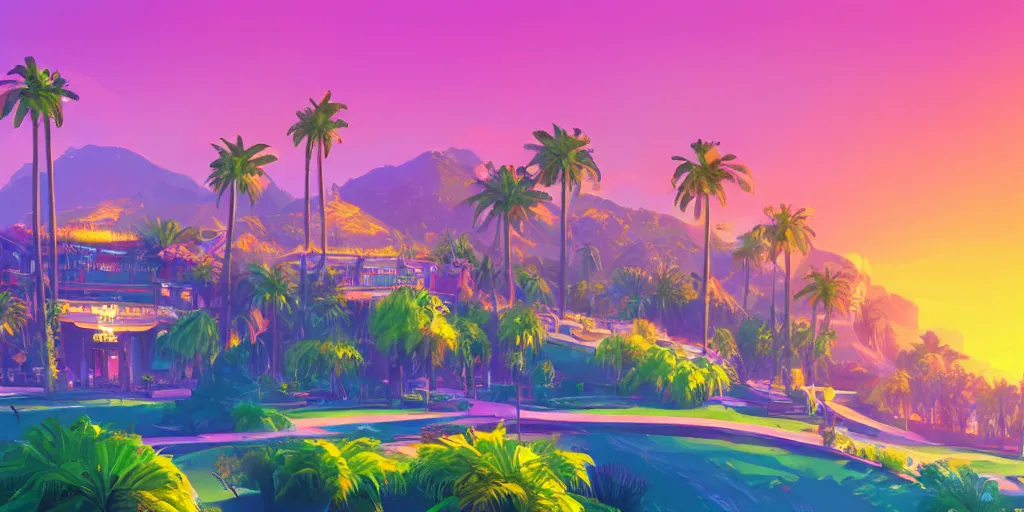 Image similar to a casino on a hill, 3 palmtrees, brightly illuminated by rays of sun, artstation, colorful sylvain sarrailh illustration