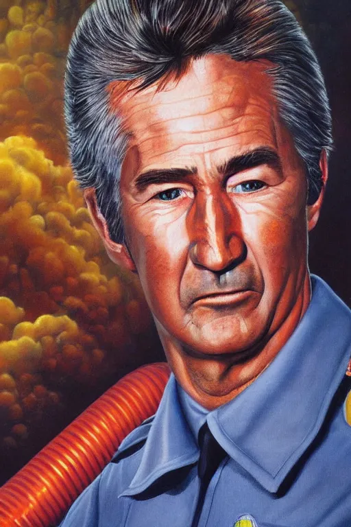 Image similar to hyper realistic painting of randy mantooth as a fire fighter by chuck close and richard corben, vivid colours, highly detailed, dramatic lighting, exotropia eyes