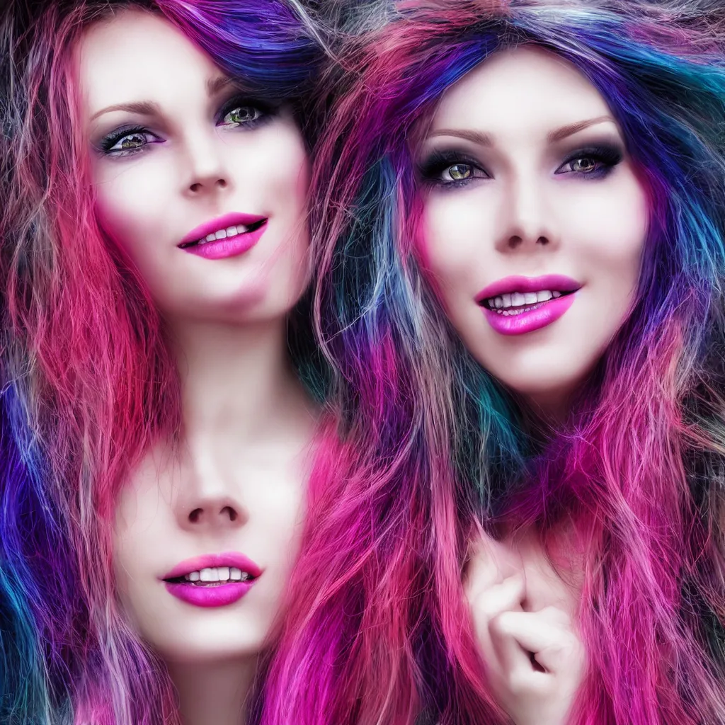 Image similar to ultra realistic portrait of a hot witch , colorful hair, pink lips, gorgeous smile, stunning, hottest, 8K resolution, deviantart,