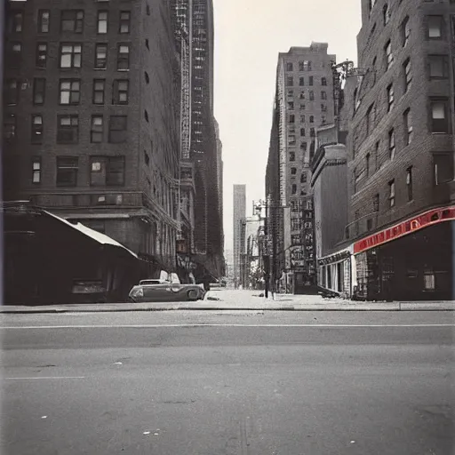 Prompt: analog medium format empty street photography in new york, 1 9 6 0 s, wide - angle, photographed on colour expired film, detailed photograph