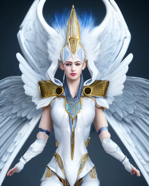 Image similar to perfect ornate white haired attractive egyptian goddess with huge white dove wings, warframe armor, beautiful, symmetric, dreamy, half asian, pretty face, blue eyes, detailed, scifi platform, laboratory, experiment, 4 k, ultra realistic, epic lighting, android body, illuminated, cinematic, masterpiece, art by akihito tsukushi, voidstar