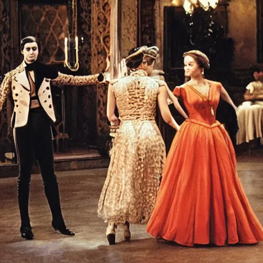 Image similar to ballroom scene from the leopard by luchino visconti with alain delon and claudia cardinale and a gorilla set in the 1 9 th century in an italian villa. technicolor!!!!, highly intricate, 5 0 mm