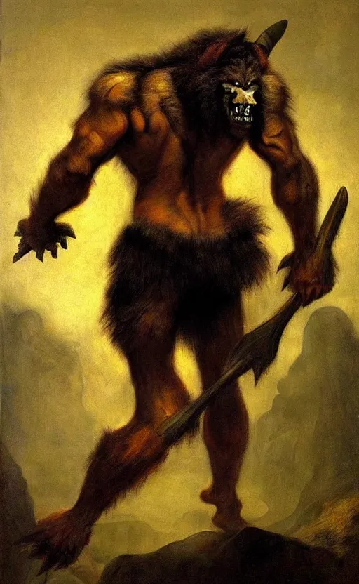 Prompt: backlight on muscular werewolf as barbarian hunter full body ,human legs ,very textured detailed oil painting by rembrandt