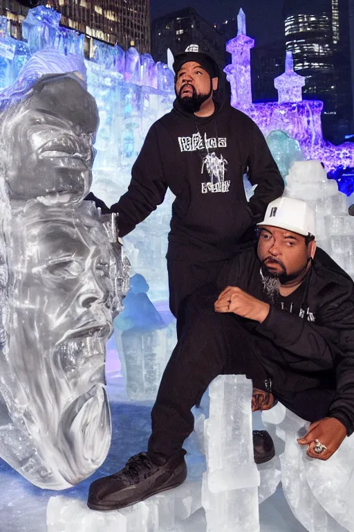 Image similar to dramatic photo, the rapper'ice cube'carving a full body ice sculpture of rapper'ice cube'at harbin ice festival, wide angle photo, award winning, artgerm, wlop, james gurney, trending on artstation