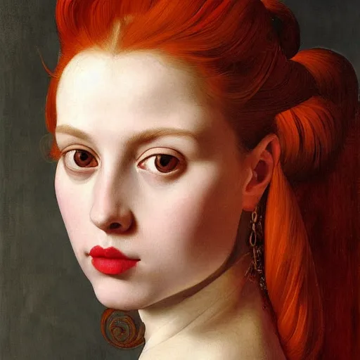 Image similar to a highly detailed portrait, red haired young woman, gorgeous dress with intricate details, long hair, green eyes, hint of freckles, round gentle face, cheeky smile with red lips, deep focus, smooth, sharp, golden ratio, elegant, digital painting by artemisia lomi gentileschi, caravaggio and artgerm