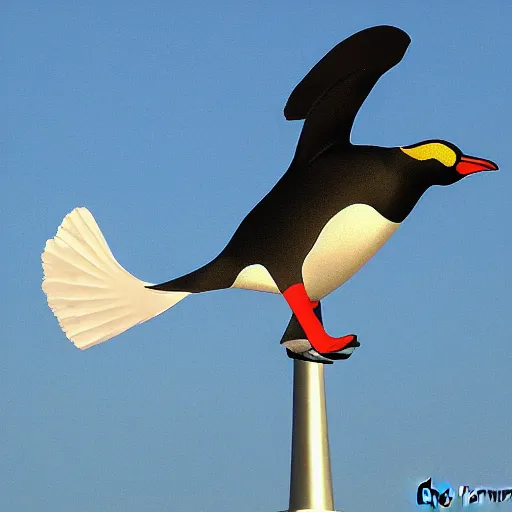 Prompt: penguin on a flying windmill by greg ruthkowski