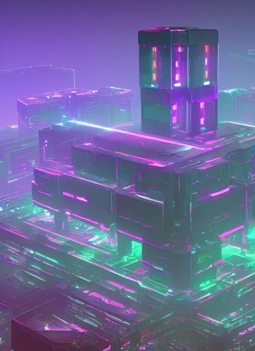 Prompt: wide angle shot of a giant futuristic brutalist fortress with cybernetic faces protruding from the walls and glowing metatron cubes floating in the air, synthwave style, rendered by beeple, concept art, digital art, unreal engine, trending on artstation, 4k UHD image