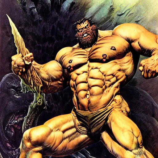 Image similar to hairy, thick muscled, overbearing, hungry, menacing, giant painted by bernie wrightson, boris vallejo, frazetta