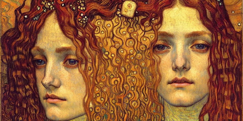 Image similar to detailed realistic beautiful young medieval queen face portrait by jean delville, gustav klimt and vincent van gogh, art nouveau, symbolist, visionary, gothic, pre - raphaelite, muted earthy colors, desaturated