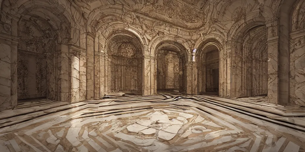 Image similar to the grand magical entrance, marble floors, art by kotaro chiba, volumetric lighting, epic composition