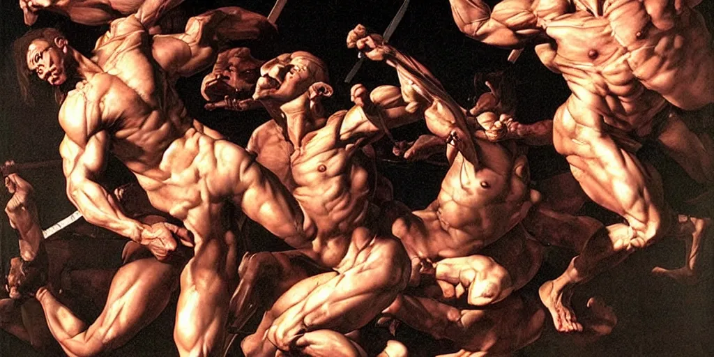 Image similar to hyper muscular centaurs wars, hyper realistic, glossy by caravaggio