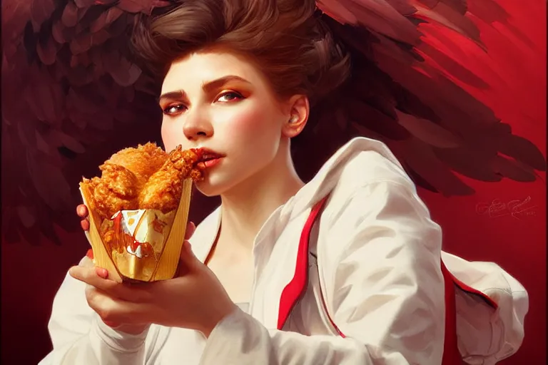 Image similar to kfc chicken, portrait, elegant, intricate, digital painting, artstation, concept art, smooth, sharp focus, illustration, art by artgerm and greg rutkowski and alphonse mucha