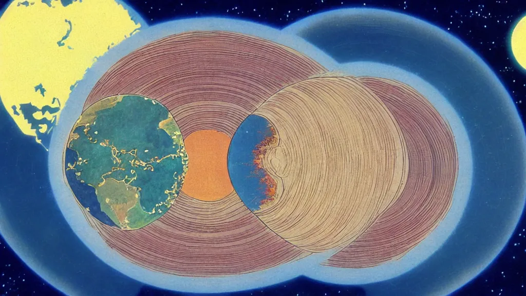 Prompt: a diagram depicting earths layers, anime film still from the an anime directed by katsuhiro otomo with art direction by salvador dali, wide lens