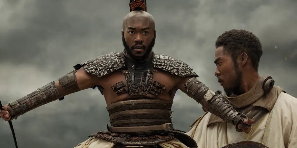 Image similar to a film still of a black man starring in a japanese blockbuster film as ancient samurai, intense, shallow depth of field, cinematic, award winning cgi, vfx, film still