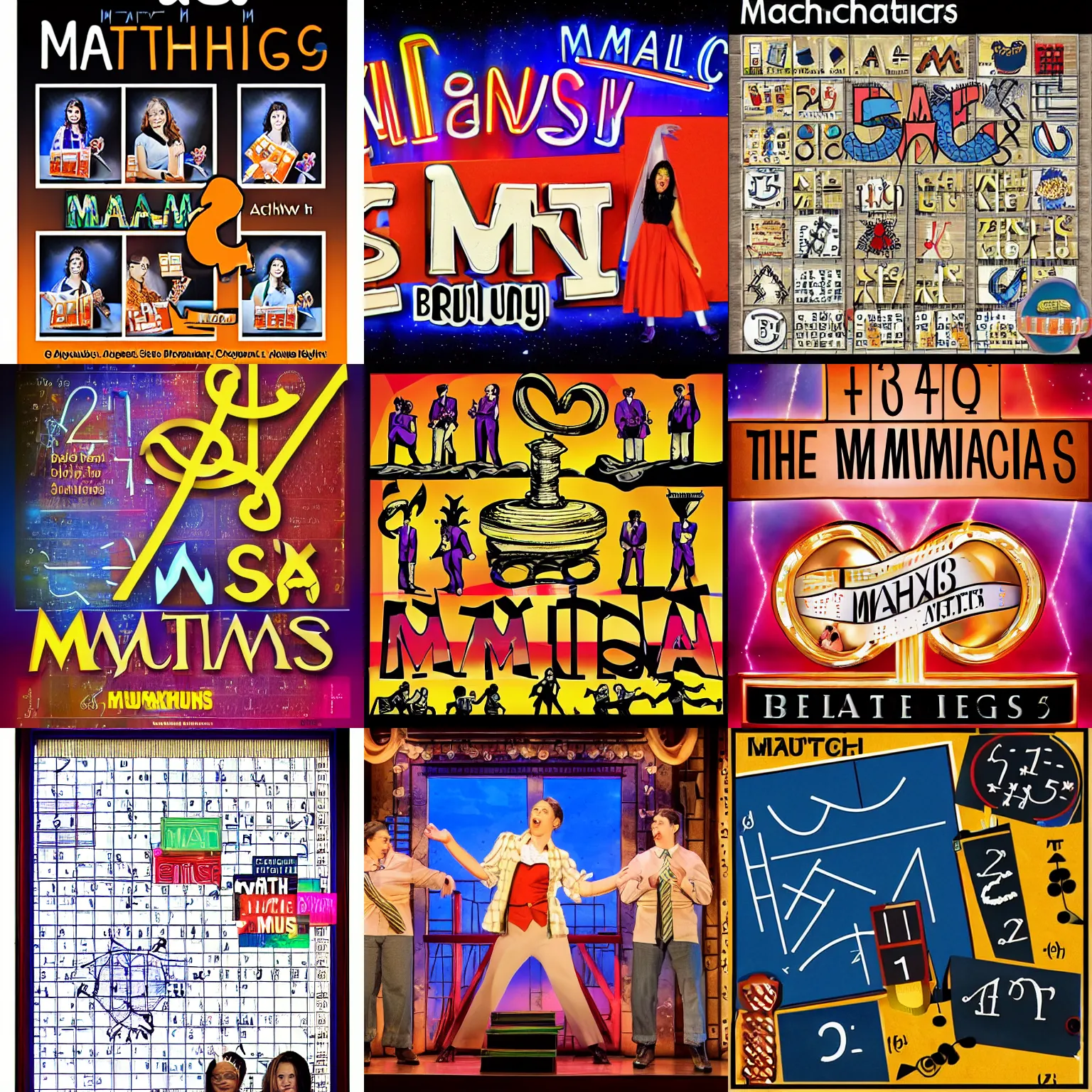 Prompt: mathematics the musical on broadway, math symbols, promotional photo, playbill, stage lighting
