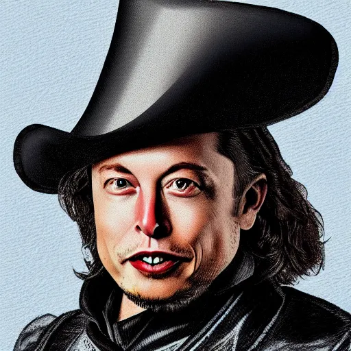 Image similar to elon musk as a musketeer, he has a big black hat and holds a shiny sword, digital art