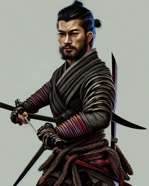 Prompt: full length portrait of a handsome and muscular ronin, square masculine facial features, short messy hair, katana, by wlop and peter mohrbacher, samurai, extremely detailed shading, concept art, digital painting, trending on artstation, unreal engine 5, octane render, atmosphere, glow, cinematic lighting, full of color