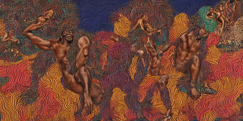 Image similar to an abstract tropical landscape, portrait of a hirsute dark - skinned greek god dancing. 2 4 mm, photorealistic, muted color scheme, directed by mati klarwein