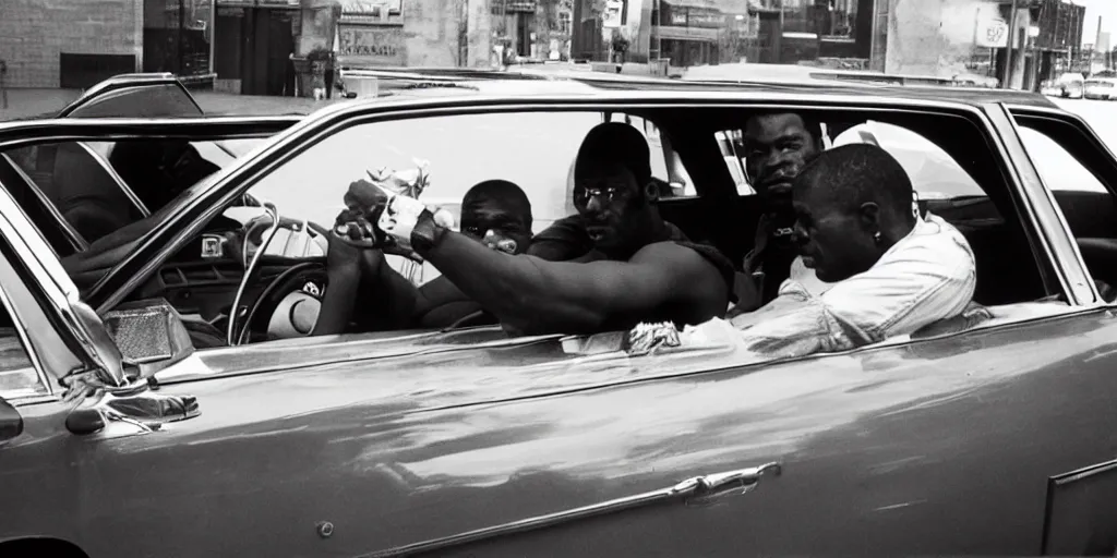 Image similar to bronx, black men sit in the 7 0 s car, holding a magnum, closeup, coloured film photography, bruce davidson photography