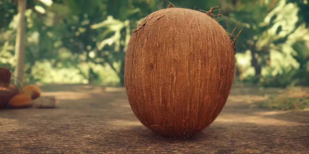 Prompt: if he cuts the tree, he gets the fruit free,, silly, coconuts, ultra realistic, unreal engine 5, depth of field, bokeh, octane render, 8 k hd,