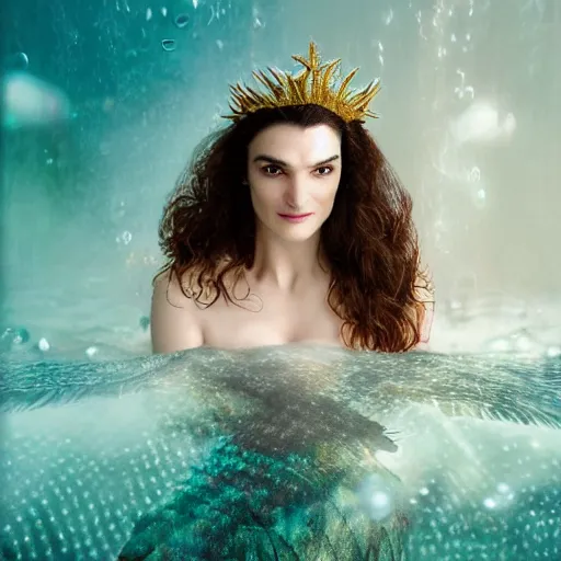 Image similar to rachel weisz portrait, fantasy, mermaid, hyperrealistic, game character, underwater, highly detailed, sharp focus, cinematic lighting, pearls, glowing hair, shells, gills, crown, water, highlights, starfish, jewelry, realistic, digital art, pastel, magic, fiction, ocean, king, colorful hair, sparkly eyes, fish, heroic, god, waves, bubbles