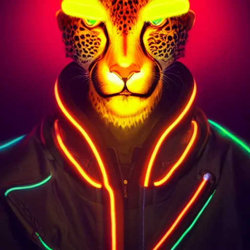 Image similar to a beautiful commission of a male anthropomorphic cheetah wearing a neon jacket,futuristic,detailed face,character design by charles bowater,mohawk,cyberpunk style,deviantart,artstation,art by greg rutkowski,ross tran,professional lighting,neon city,night,raytracing,rtx,highly realistic,4k,dramatic,hyperrealism