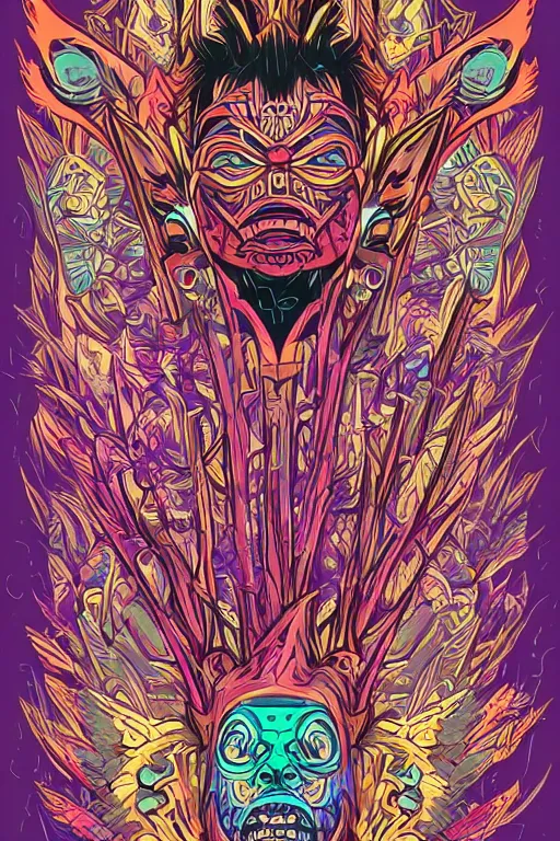 Image similar to totem animal mask tribal feather gemstone plant wood rock shaman vodoo video game vector cutout illustration vivid multicolor borderlands comics by josan gonzales and dan mumford radiating a glowing aura