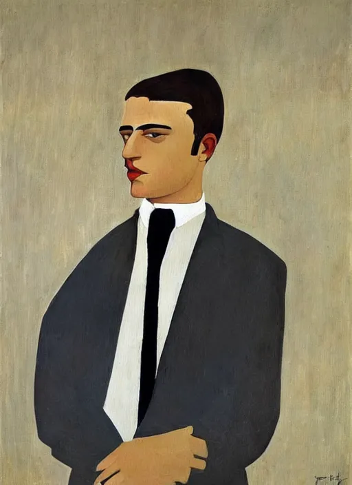 Prompt: a painted portrait of a well dressed man, art by felice casorati, aesthetically pleasing and harmonious natural colors, expressionism, natural light, fine day, portrait