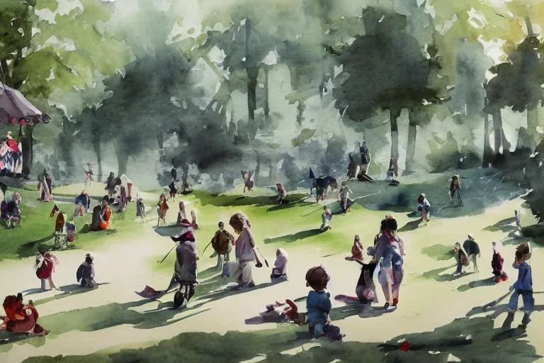 Prompt: Busy day at the park, high quality watercolors, award winning, trending on ArtStation