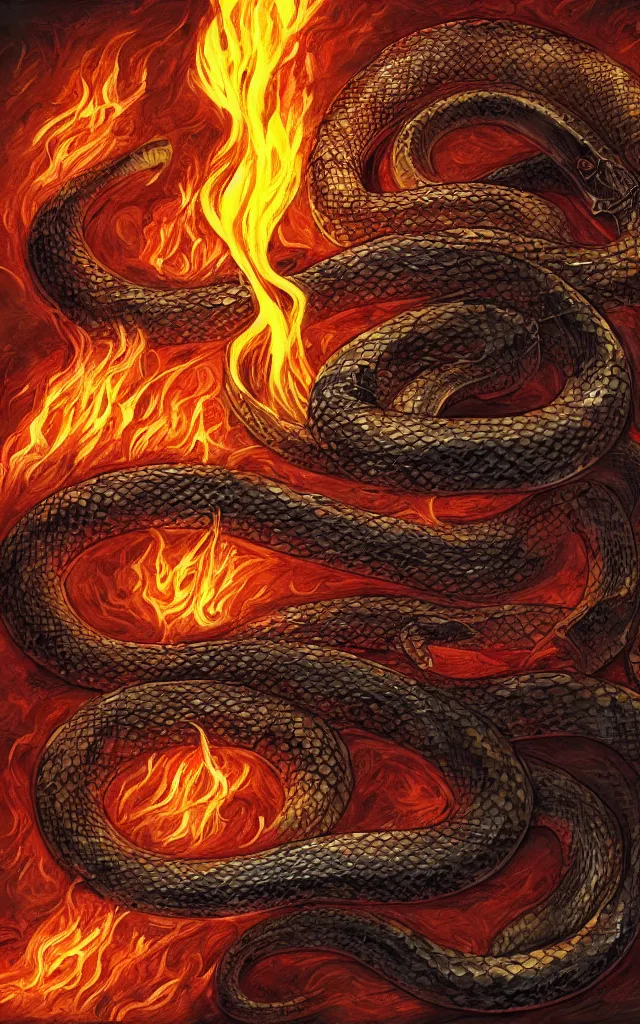 Prompt: a snake wrapped around a flaming sword, digital art.