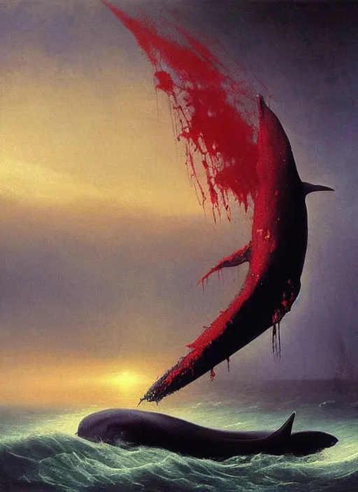 Prompt: a dark horror art of a whale pierced by a spear and bleeding on the ocean floor, hiper detailed realistic painting, high angle, volumetric light, part by aivazovsky, part by beksinski, red blood brushstrokes by swanland.