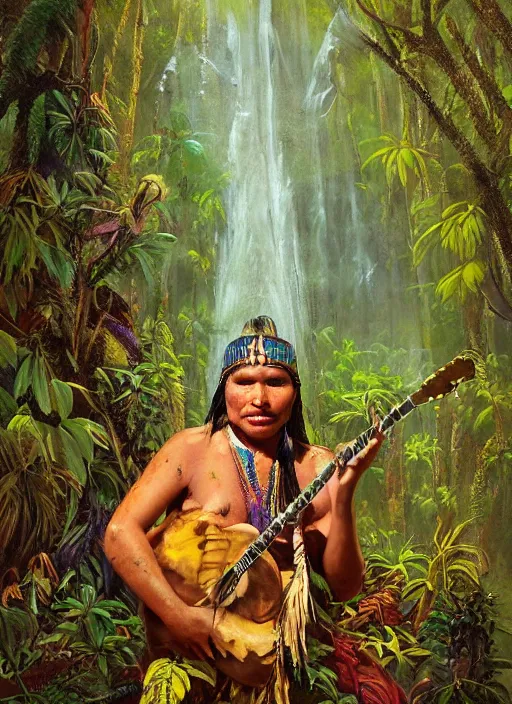 Image similar to a beautiful painted portrait of an indigenous shaman singing in the jungle, matte painting, fantasy art, ayahuasca