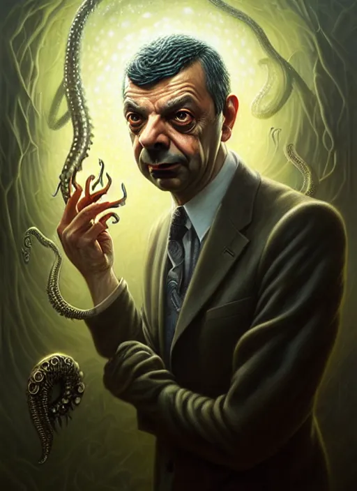 Image similar to lovecraft biopunk portrait of rowan sebastian atkinson by tomasz alen kopera and peter mohrbacher