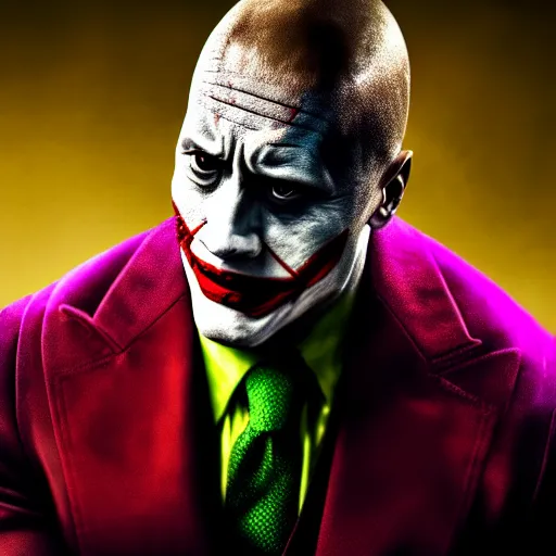 Image similar to dwayne johnson as the joker, cinematic, studio photography, high detail, ultra high detail, 4 k, hdr, 8 k