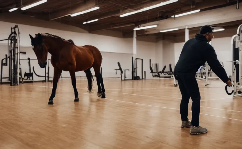 Image similar to two legged horse with big hands in a gym, shaking hands. holding weight. turning right, standing down.