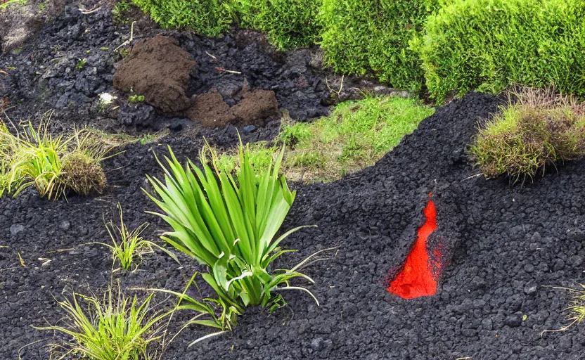 Image similar to miniature volcanic cone erupting with streams of lava in a suburban yard, ground level