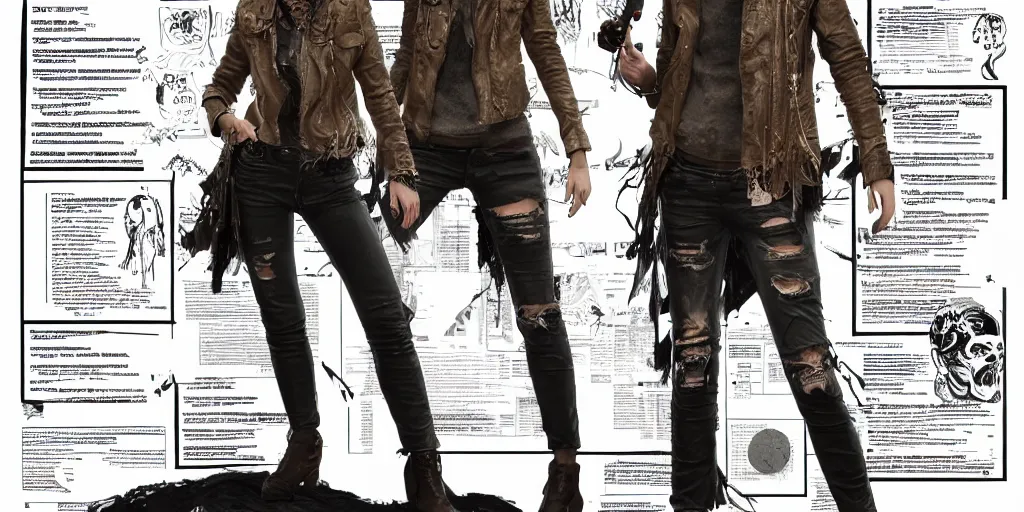 Image similar to samara weaving as a wanderer with tattooed arms and legs wearing a scratched leather and ripped aviator leather jeans, wearing a short black jacket with rusty medals on it, character sheet, head details, props, concept design, contrast, kim jung gi, greg rutkowski, trending on artstation, full body, turnaround, ultra wide angle, pincushion lens effect