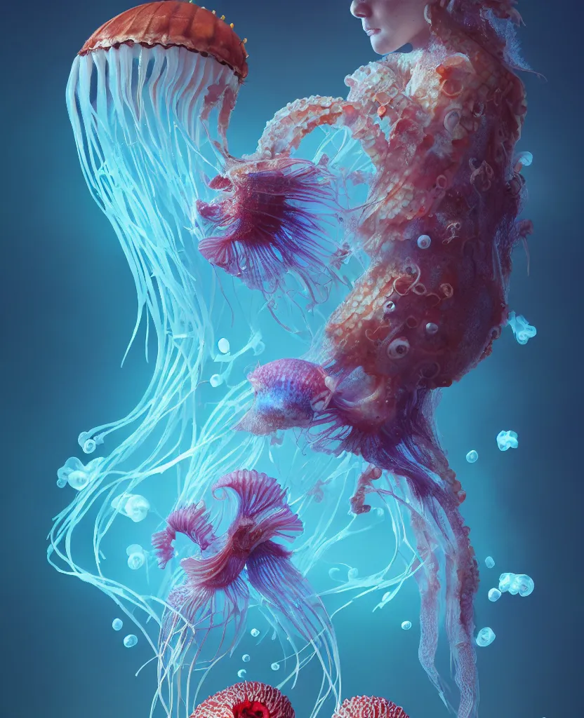 Image similar to human thorax, jellyfish phoenix head, nautilus, orchid, skull, betta fish, bioluminiscent creatures, intricate artwork by Tooth Wu and wlop and beeple. octane render, trending on artstation, greg rutkowski very coherent symmetrical artwork. cinematic, hyper realism, high detail, octane render, 8k