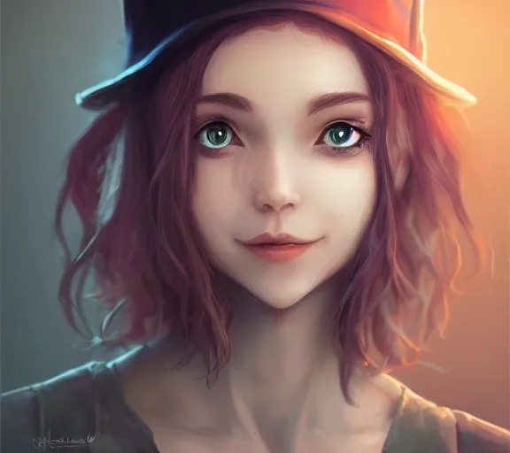 Image similar to mysterious smiling girl puts on a different hat, digital art, trending on artstation, artgerm, very detailed, great quality, illustration, smooth, sharp focus, concept art,