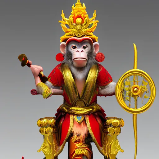 Image similar to monkey king godly lord of monkeys, wearing a crown, holding a staff, sitting in throne 8 k render high detail