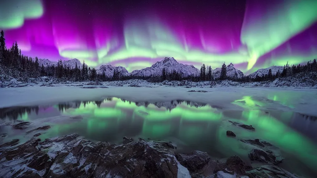 Image similar to amazing landscape photo of aurora lights with lake by marc adamus, beautiful dramatic lighting