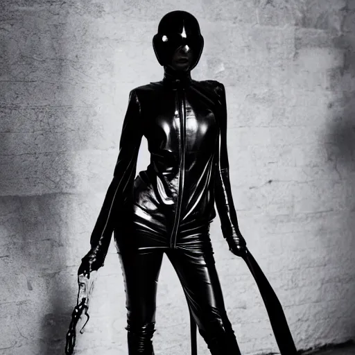 Image similar to fashion photography of an extraterrestrial model, holding a leather whip, wearing demobaza fashion, inside berghain, berlin fashion, harness, futuristic fashion, dark minimal outfit, photo 3 5 mm leica, hyperdetail, berghain, 8 k, very detailed, photo by nick knight